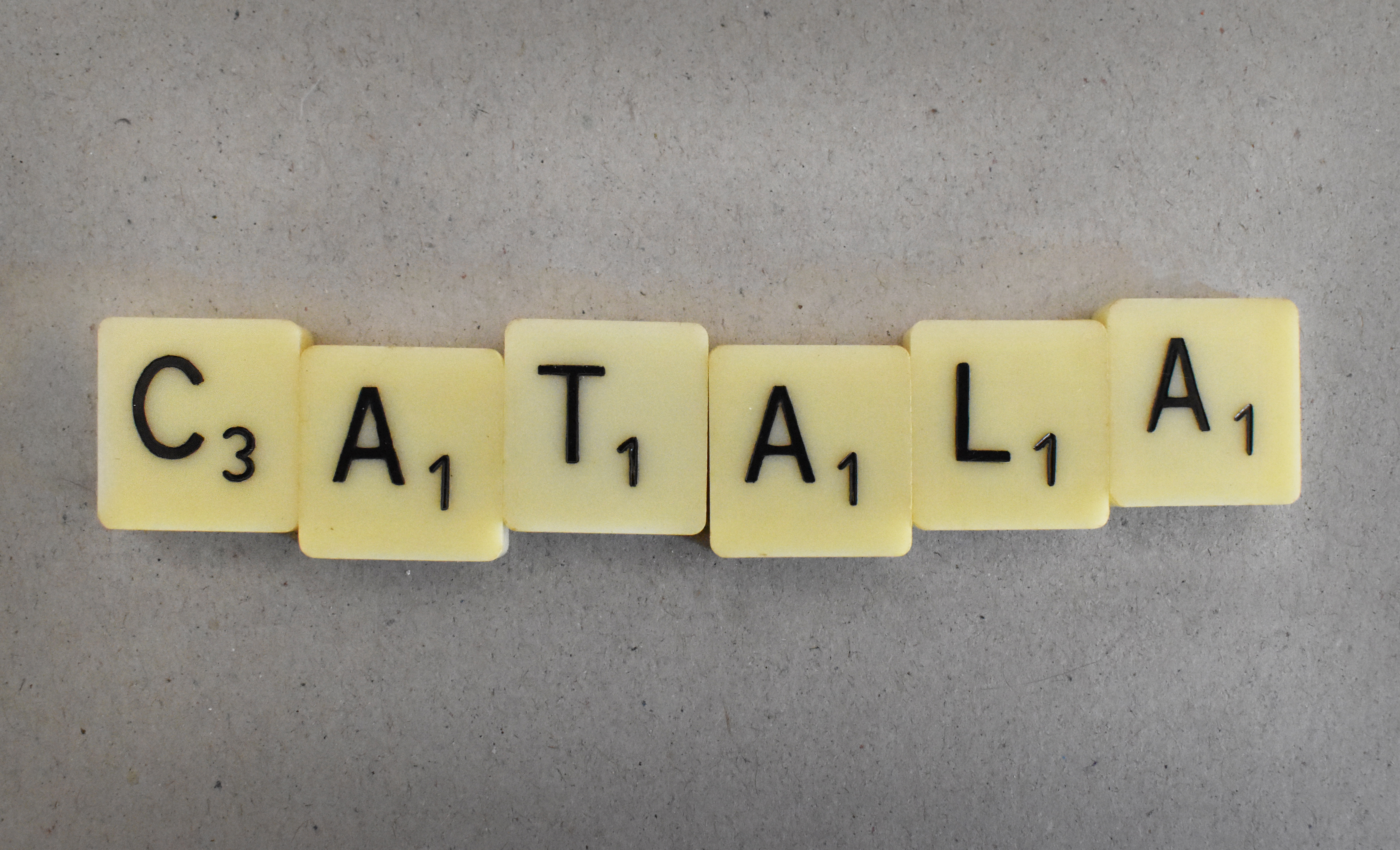 Fichas de un juego de mesa dónde se puede leer: catalán