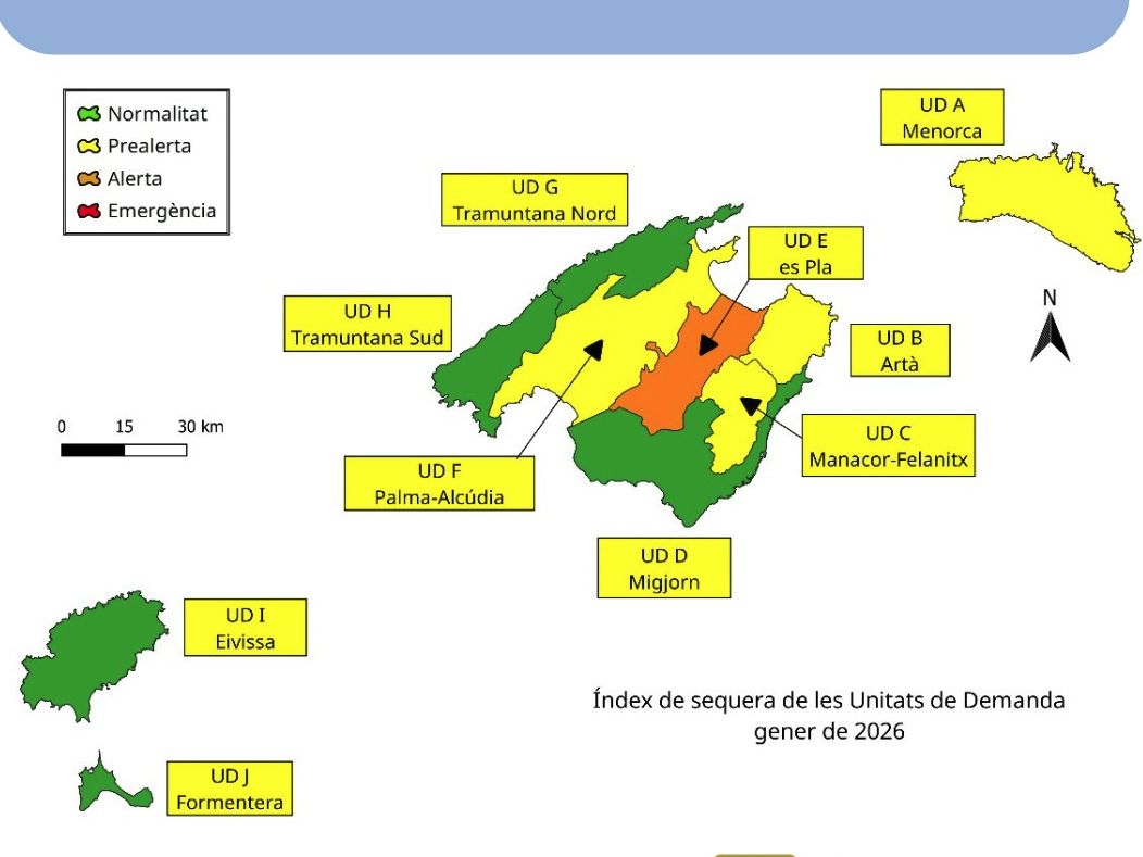 Mapa de les Illes Balears dividides en Unitats de Demanda, amb colors que indiquen l’estat de sequera.