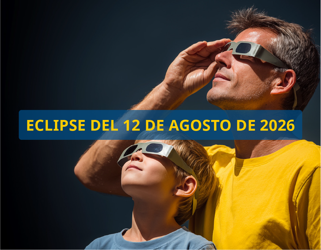 Un adult i un infant mirant al cel amb unes ulleres de protecció