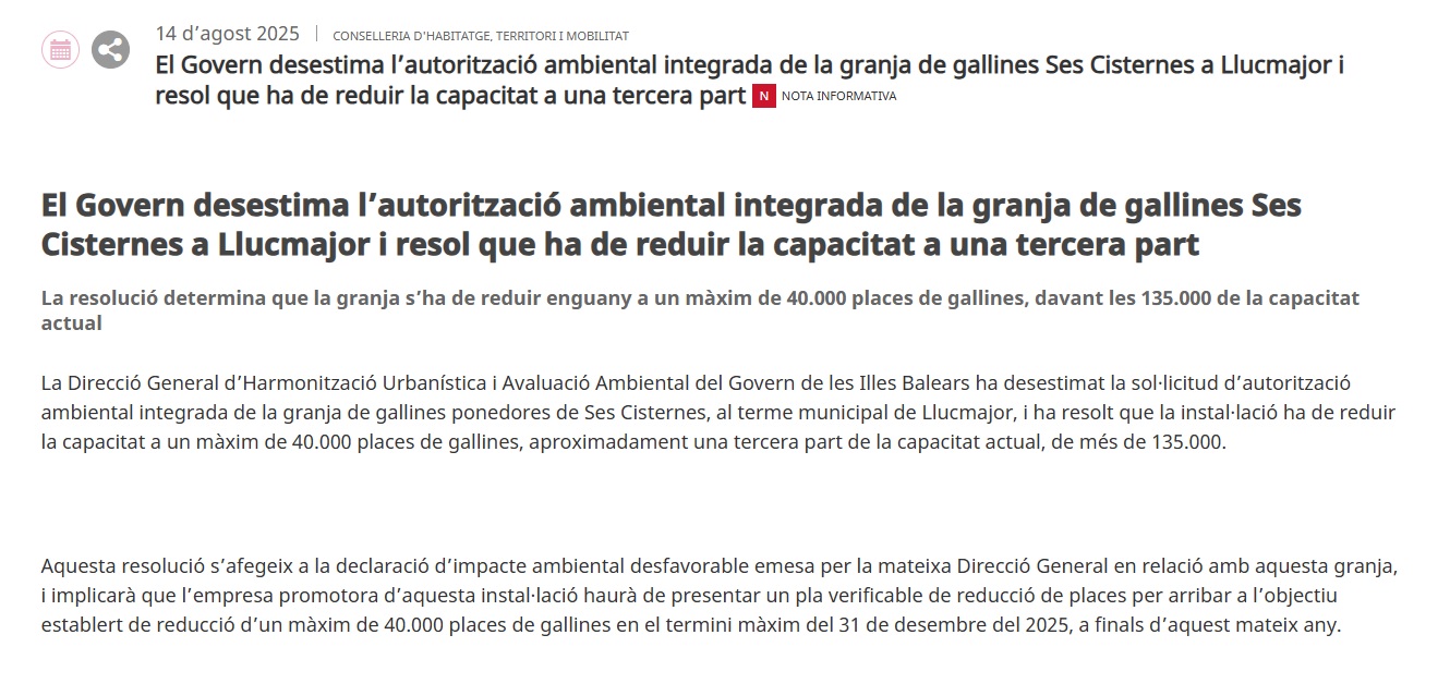 Imatge de la nota informativa sobre la desestimació de l'autorització ambiental.